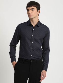 The Bear House - Men Blue Printed Slim Fit Cotton Formal Shirt