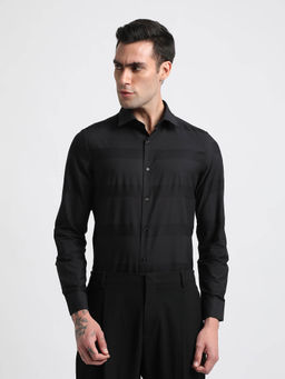 The Bear House - Men Black Self Design Slim Fit Cotton Formal Shirt