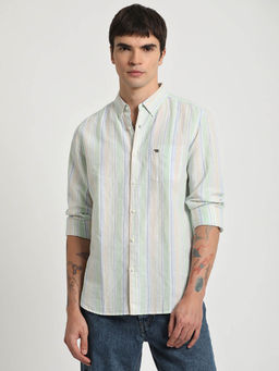The Bear House - Men Green Striped Slim Fit Cotton Casual Shirt