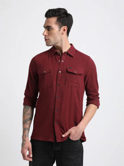 The Bear House - Men Maroon Solid Slim Fit Cotton Casual Shirt with Flap Pocket