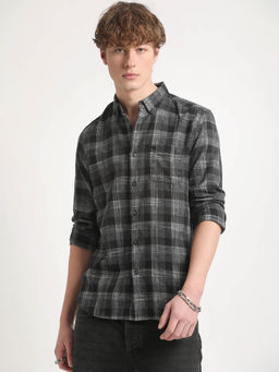 The Bear House - Men Grey Checked Slim Fit Cotton Casual Shirt