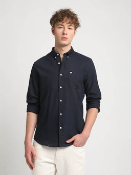The Bear House - Men Blue Solid Slim Fit Cotton Casual Shirt