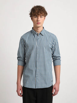 The Bear House - Men Blue Checked Slim Fit Cotton Casual Shirt