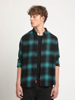 The Bear House - Men Teal Checked Slim Fit Flannel Cotton Casual Shirt