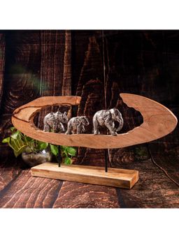 Gibox - Walking Elephants Showpiece Wooden Table Decorative Items for Living Room with Metal