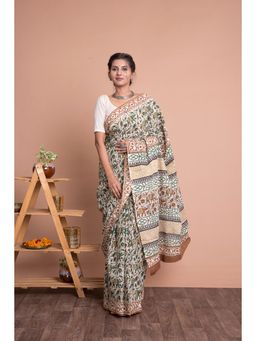 KISHORI - Bagru Print Figure Kalamkari Cotton Mulmul Saree with Unstitched Blouse - Beige