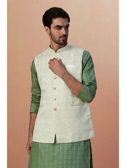 Manyavar - Brocade Cream Sleeveless Mandarin Collar Nehru Jacket