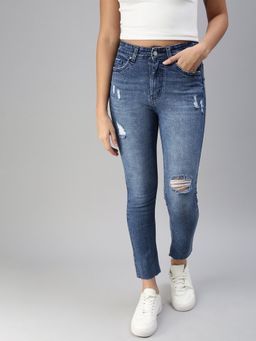 SHOWOFFFF - Women's Mildly Distressed Navy Blue Slim Fit Denim Jeans