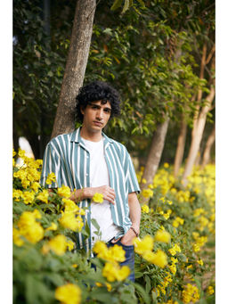 CRIMSOUNE CLUB - Men Green Vertical Stripes Pure Cotton Resort Collar Knitted Shirt