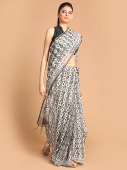 Indethnic - Grey Printed Super Net Saree with Unstitched Blouse