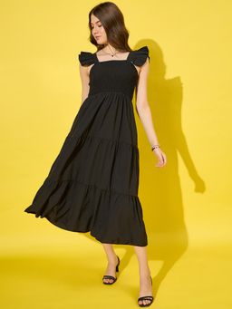 Buynewtrend - Black Ruffled Strap Dress Square Neck Smocked Midi Dresses
