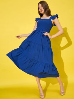 Buynewtrend - Royal Ruffled Strap Dress Square Neck Smocked Midi Dresses