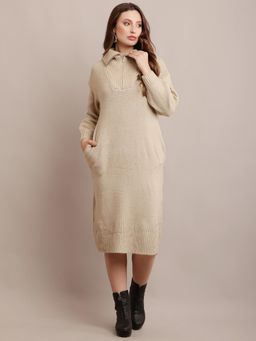 NOBARR - Women Acrylic Shirt Collar Sweater Dress Zip Detail Drop Shoulder Beige