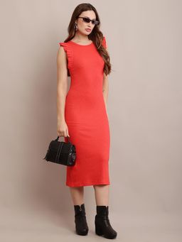 NOBARR - Women Cotton Round Neck Ribbed Sheath Midi Dress with Ruffles