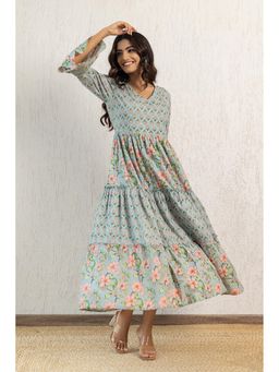 Polago Clothing - Green Printed Cotton Maxi Dress