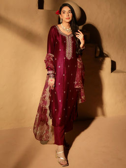 Libas - Women Maroon Embroidered & Sequined Regular Fit Kurta with Pant and Dupatta (Set of 3)