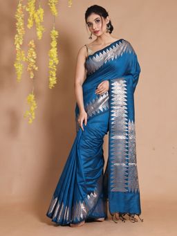 CHARUKRITI - Cobalt Blue Silk Handwoven Zari Designs & Patterns Saree with Unstitched Blouse
