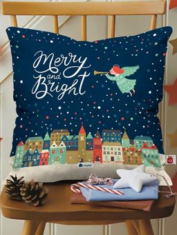 Indigifts - Merry & Bright Print Blue Cushion Cover with Filler (12x12 inches)