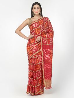 KISHORI - Women Silk Bandhani and Zari Weaving Saree with Unstitched Blouse - Red