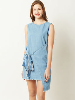Miss Chase - Womens Blue Round Neck Sleeveless Cotton Solid Fringed Mini Shift Denim Dress