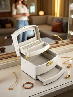 Aarvi Decor - White Faux Leather with Key Lock Jewellery Box