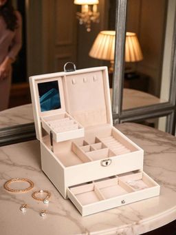 Aarvi Decor - White Faux Leather with Key Lock Jewellery Organiser