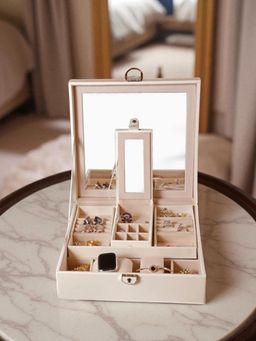 Aarvi Decor - White Multi Compartment Faux Leather Mirror Jewellery Organisers with Key Lock