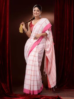 CHARUKRITI - White Cotton Handspun Checkered Dual Borders Saree with Unstitched Blouse