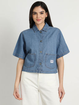 Lee - Womens Blue Solid Front Pocket Shirt