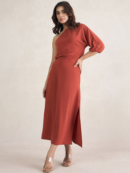 Femmella - Rust One Shoulder Top with Skirt (Set of 2)