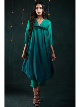 Swtantra - Green & Blue Ombre with Hanging Black Lace Pants (Set of 2)