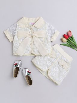 Hopscotch - Girls Beige Floral Embroidered Blouse and Skirt Set
