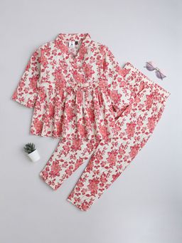 Hopscotch - Girls Red and White Floral Print Top Pant Set