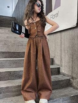 Hopscotch - Girls Brown Solid Blouse And Pant Set