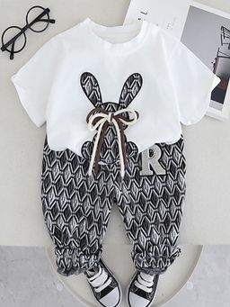 Hopscotch - Boys White And Black All Over Print T-Shirt Jogger Set
