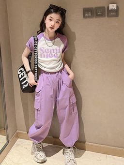 Hopscotch - Girls Purple And White Text Print T-Shirt Jogger Set