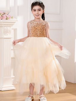 Hopscotch - Girls Off-White and Gold Sequin Embellished Sleeveless Dress