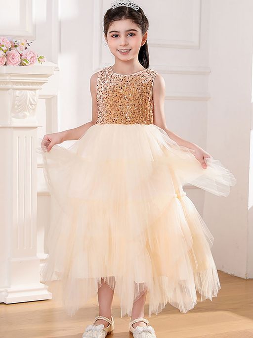 Buy Hopscotch Girls Off-White and Gold Sequin Embellished