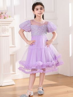 Hopscotch - Girls Purple Sequin Embellished Puff Sleeve Party Dress