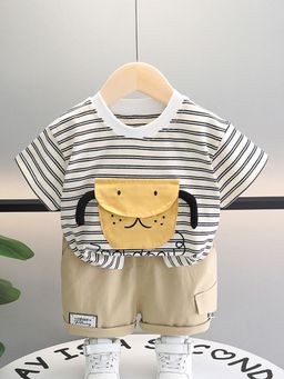 Hopscotch - Boys White and Beige Stripe Print T-Shirt Shorts Set