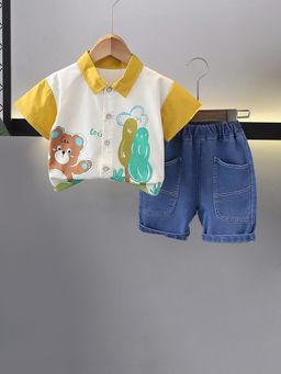 Hopscotch - Boys White and Blue Graphic Print Shirt Shorts Set