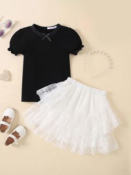Hopscotch - Girls Black and White Lace Embellished Skirt Set with Pearl Headband