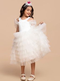 Hopscotch - Ruffled Cold-Shoulder Party Dress with Crown Hairband
