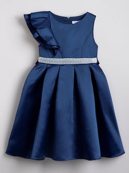 Hopscotch - Girls Blue One Shoulder Layered Sleeve Box Pleat Party Dress