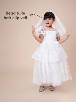 Hopscotch - Puff Sleeves Embroidered Gown with Hair Clip Veil