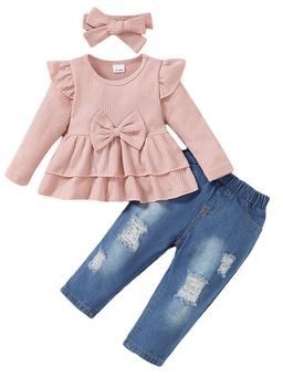 Hopscotch - Girls Peach and Blue Bow Applique Blouse Distressed Jeans Set