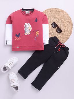Hopscotch - Boys Pink and Navy Bear Patch Work T-Shirt Pant Set