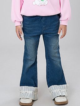 Hopscotch - Girls Blue Beads and Stone embellished Jeans with Ruffles