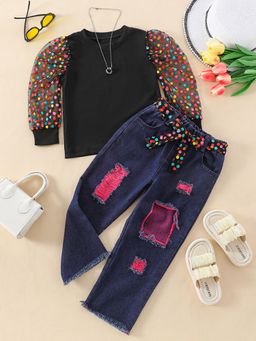 Hopscotch - Girls Black and Blue Polka Dot Print Blouse Jeans Set