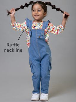 Hopscotch - 2-Piece Ruffle Embellished Blouse and Dungaree